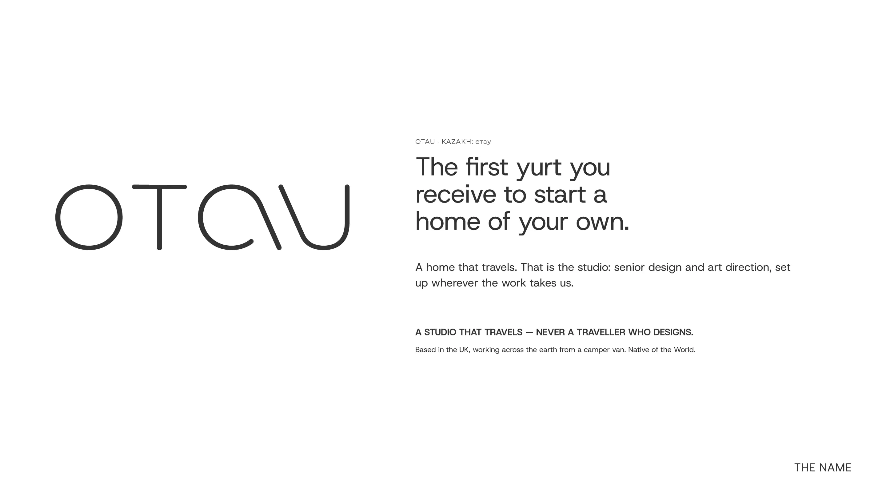 Guide page: the OTAU logotype beside the line “The first yurt you receive to start a home of your own”