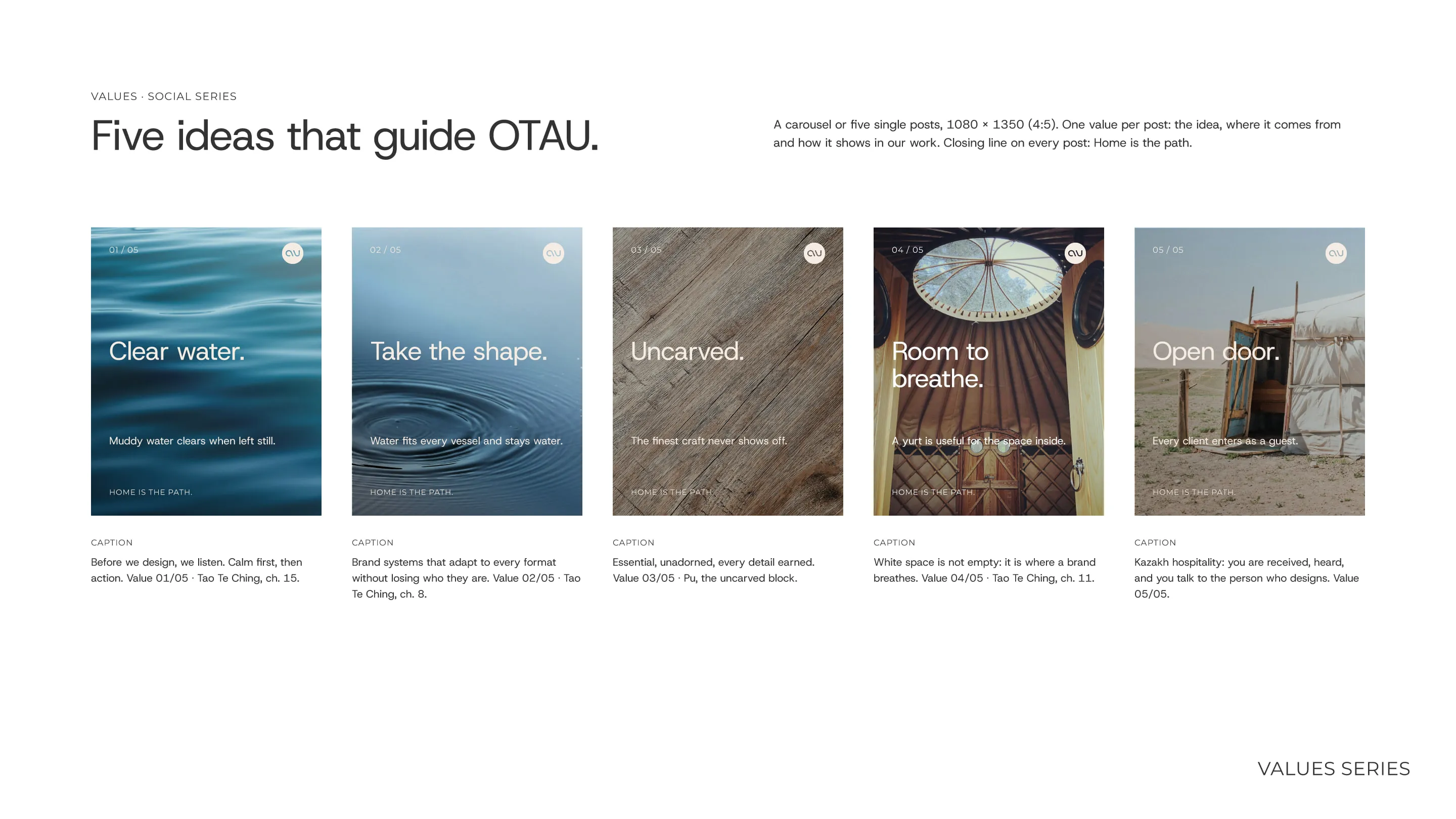 Five social posts, one per value: Clear water, Take the shape, Uncarved, Room to breathe, Open door