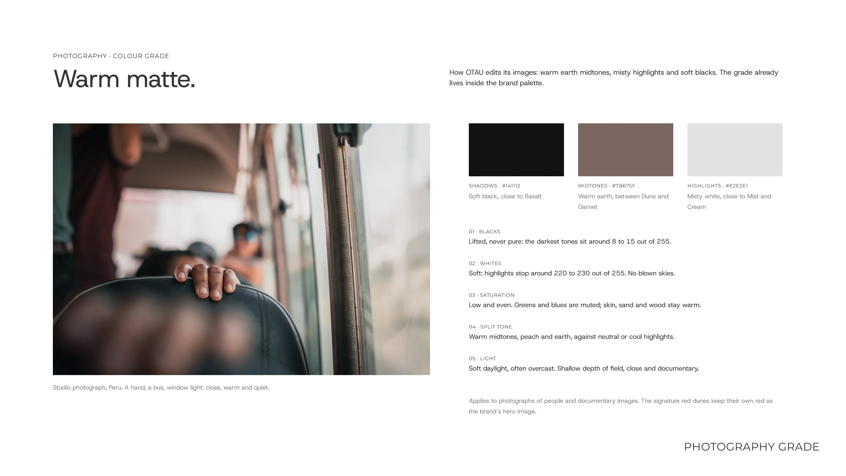 Guide page Warm matte: a hand on a bus seat in soft light, with the grade’s tones and rules