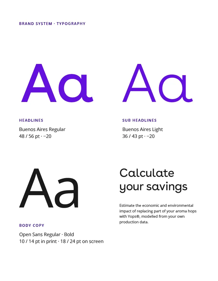 EvodiaBio typography: Buenos Aires and Open Sans