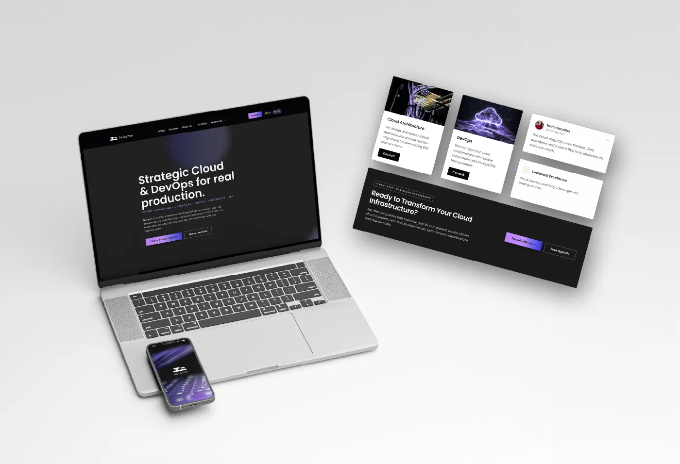 The Nubyron website concept on a laptop, phone and printed cards